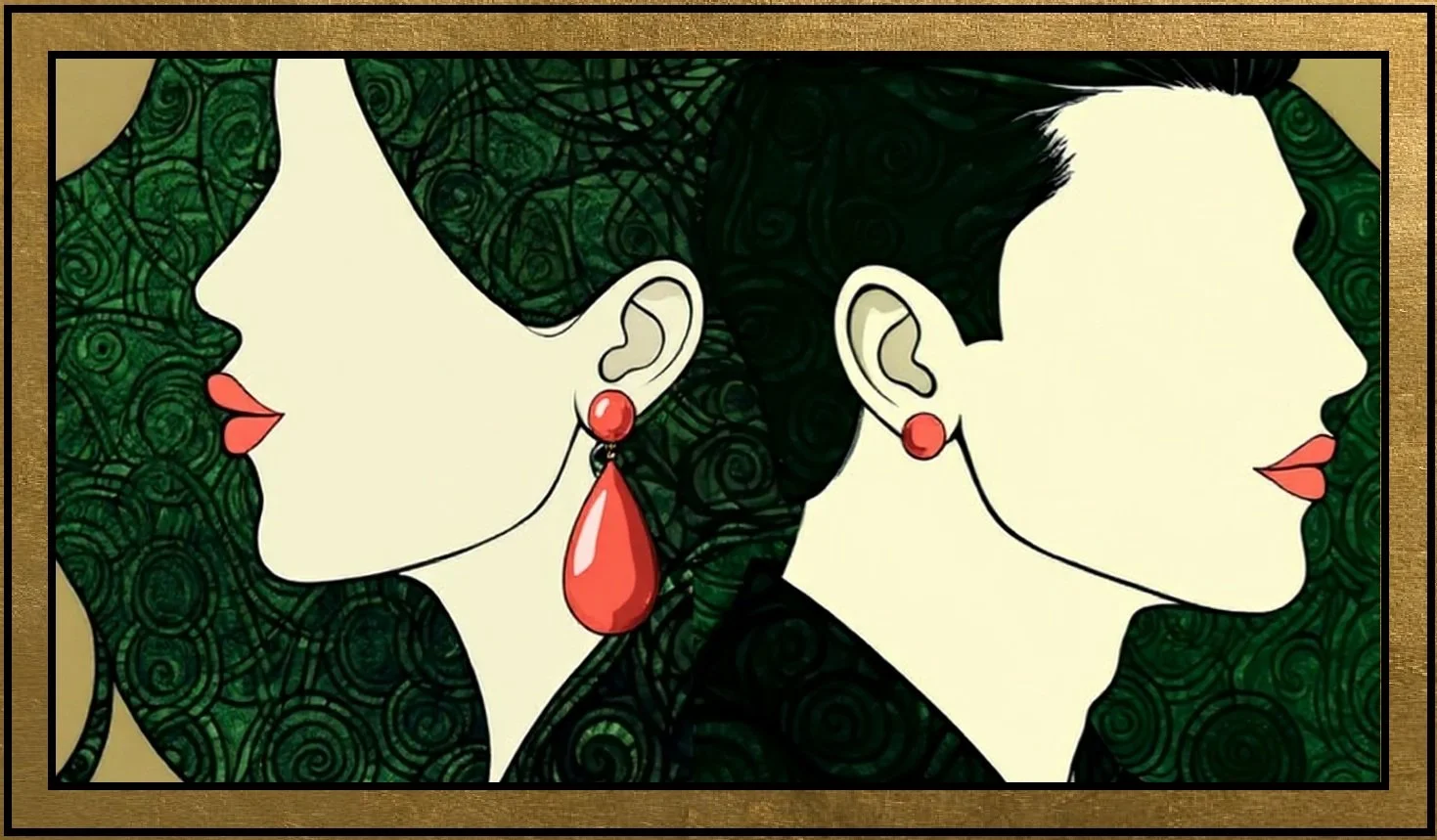 Illustration of two individuals with facing profiles, each wearing red earrings and red lipstick, with black and green swirling hair.