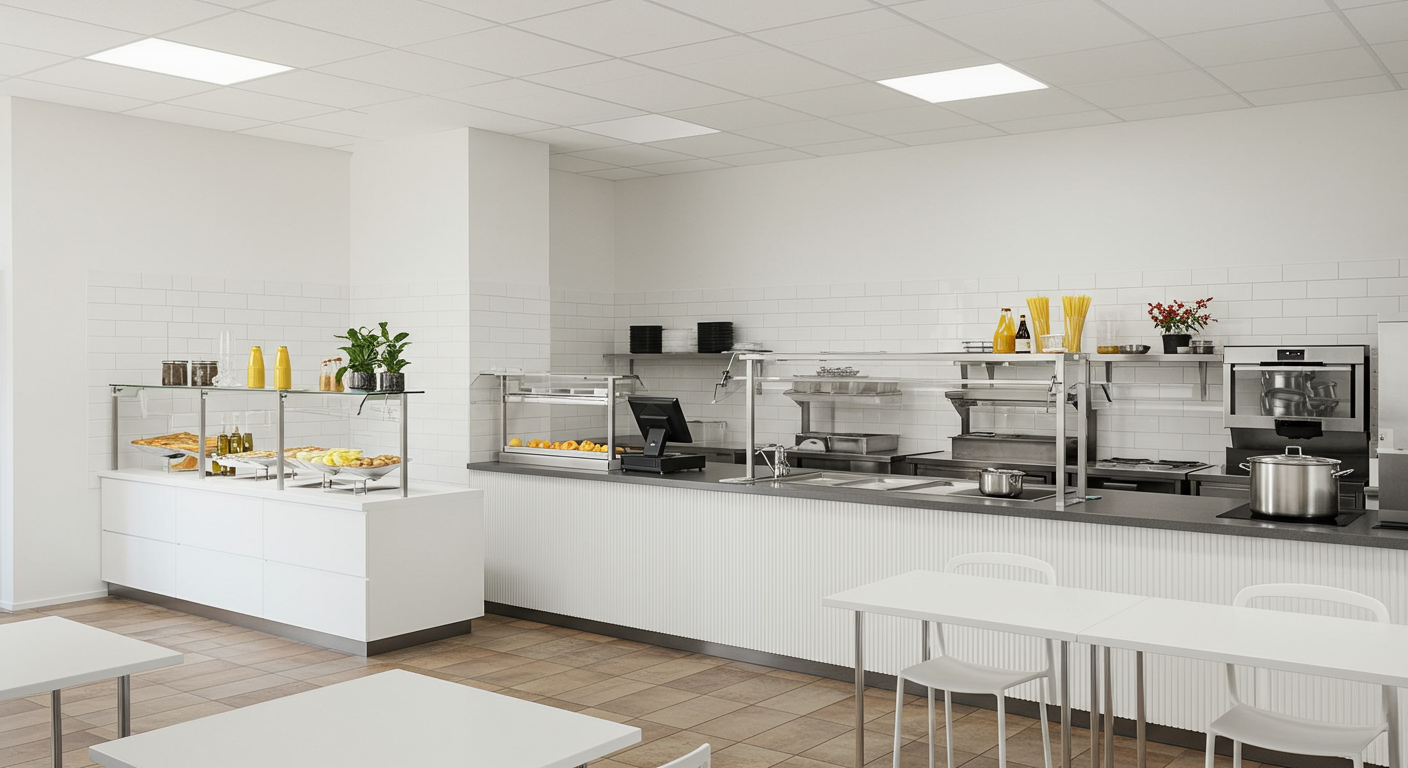 Commercial kitchen with white walls, appliances, food items on display, and a counter with a small seating area.