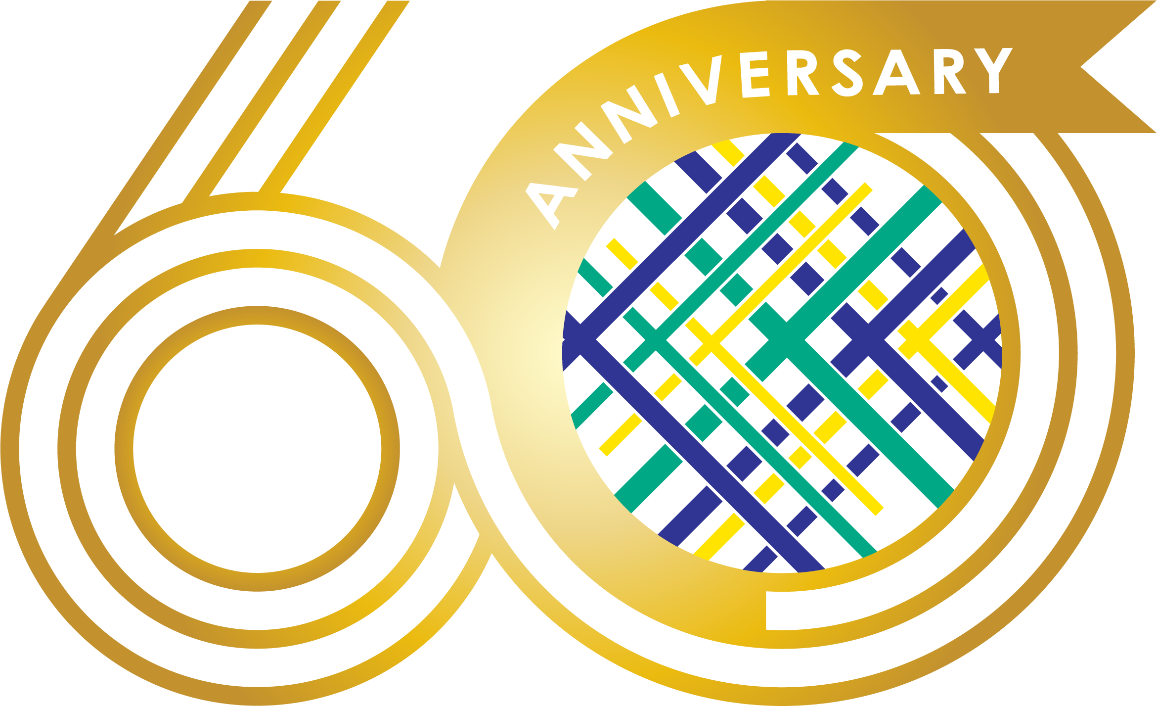 Graphic design celebrating a 60th anniversary with a stylized globe made of geometric shapes in green, yellow, and blue, and the words 'A 50 YEAR ANNIVERSARY' arched above it.