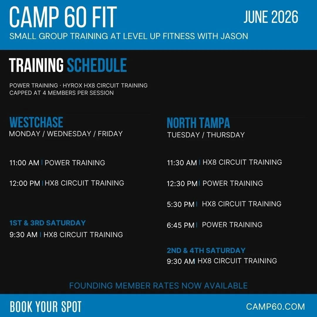 June schedule is live at Level Up Fitness.

Small group training sessions in Westchase and North Tampa. Power Training and HYROX HX8 Circuit Training. Capped at 4 members per session.

Founding member rates are still available. Book through the link 