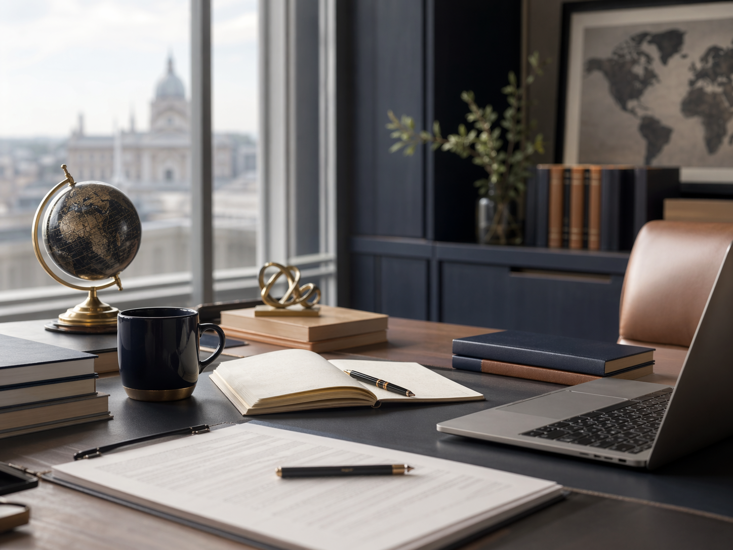 Modern office desk with a laptop, notebook, globe, books, and city view.
