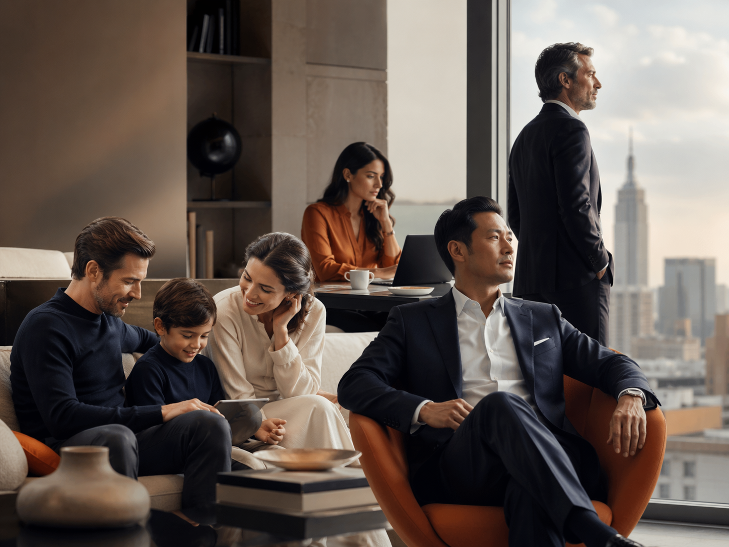 Group of adults and a child gathered in a modern apartment with a city view.