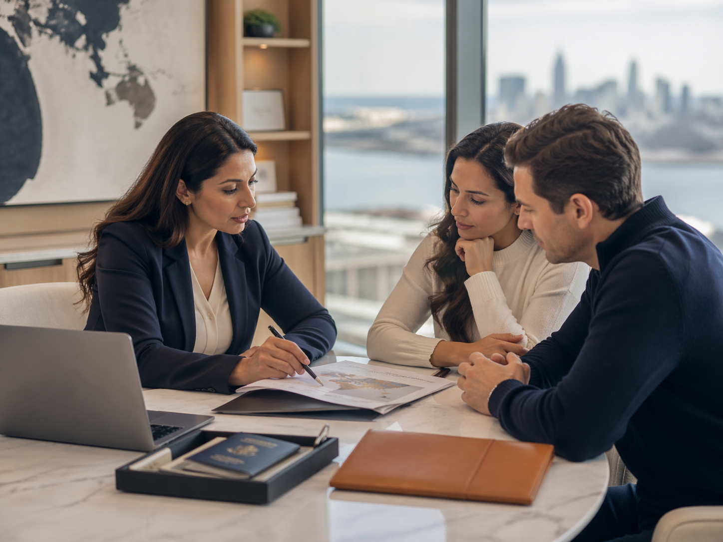Three professionals reviewing documents during a meeting in a modern office.