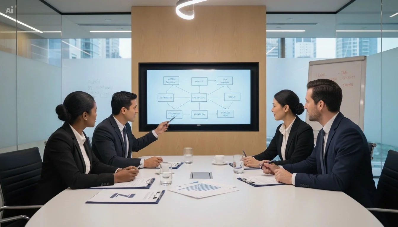 Business team in a conference room reviewing a presentation on a large screen.