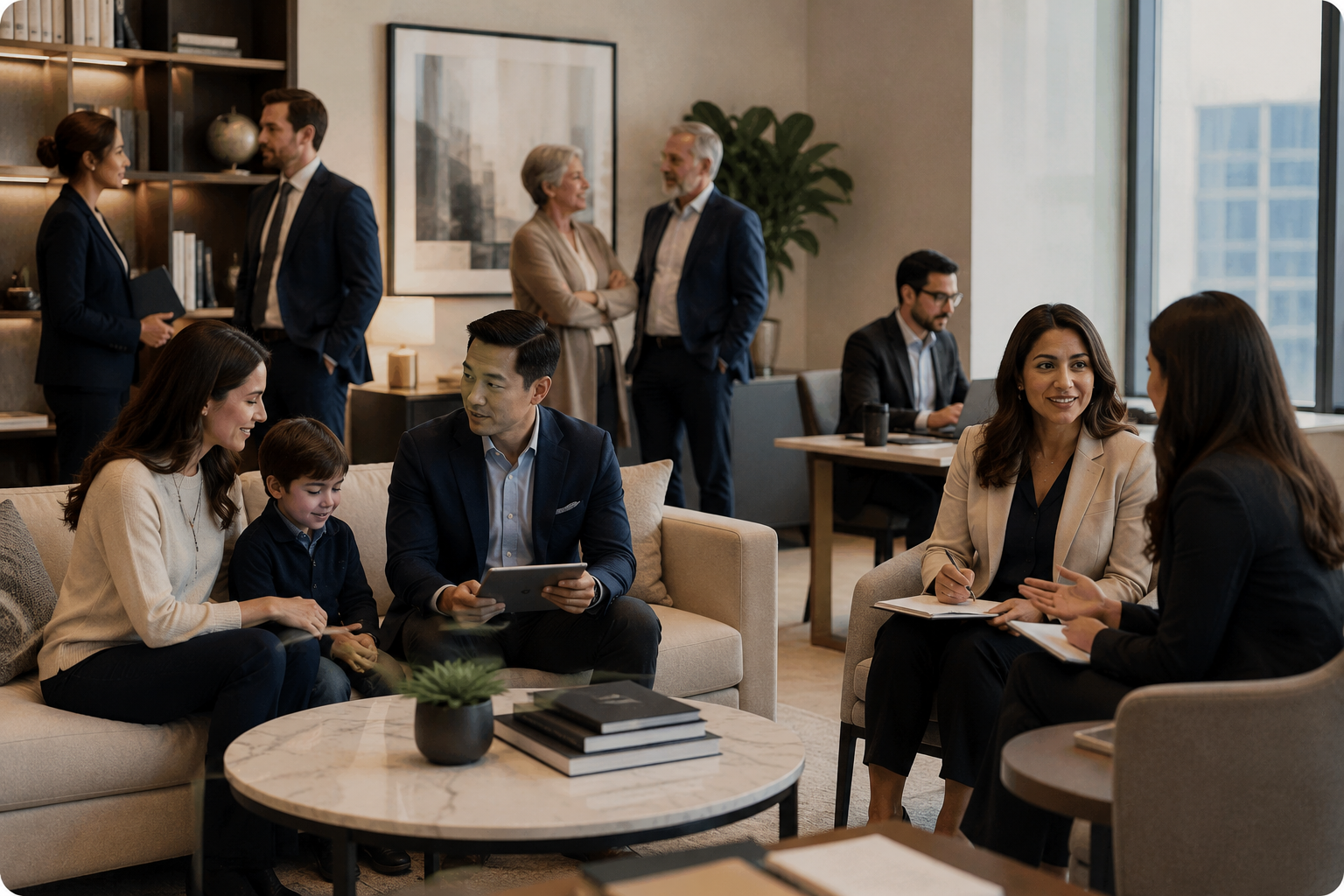Business professionals meeting and conversing in a modern office lounge.