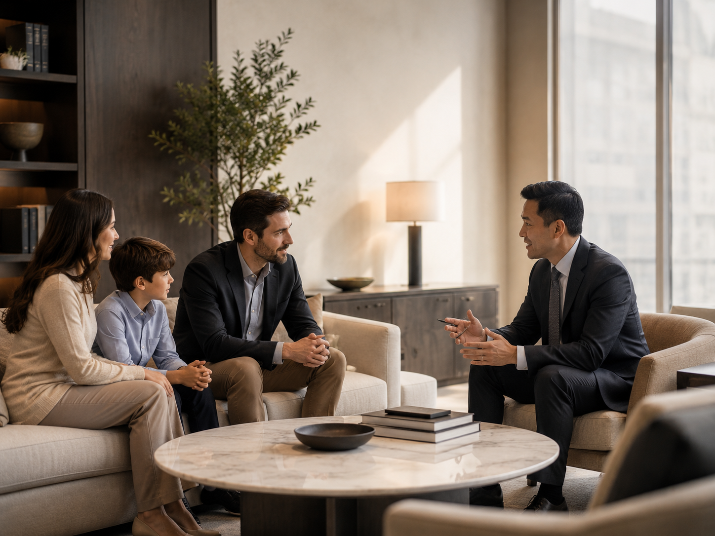 Family meeting with a professional in a modern living room.