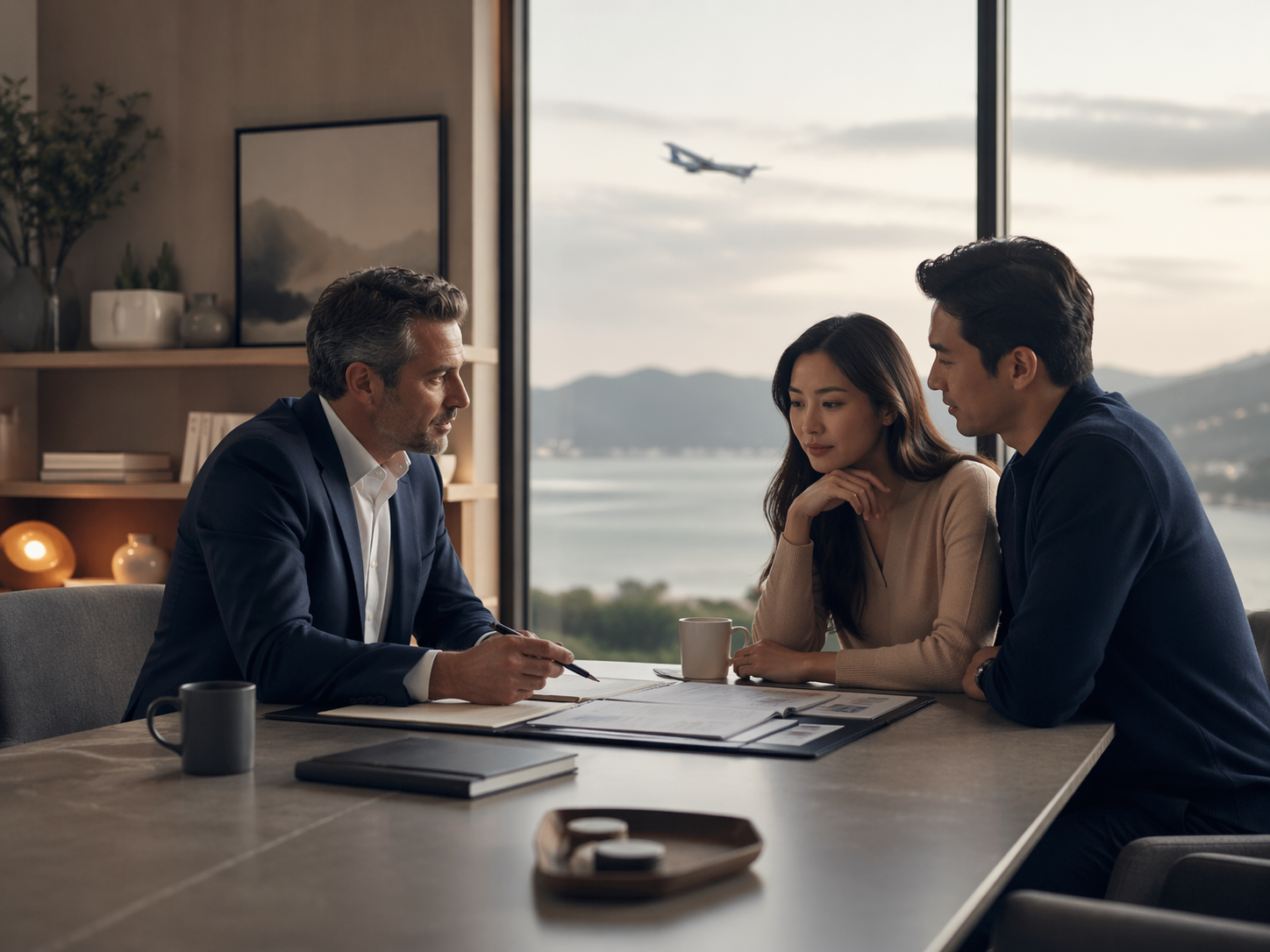 Professional meeting with a couple in a modern office overlooking mountains and water.