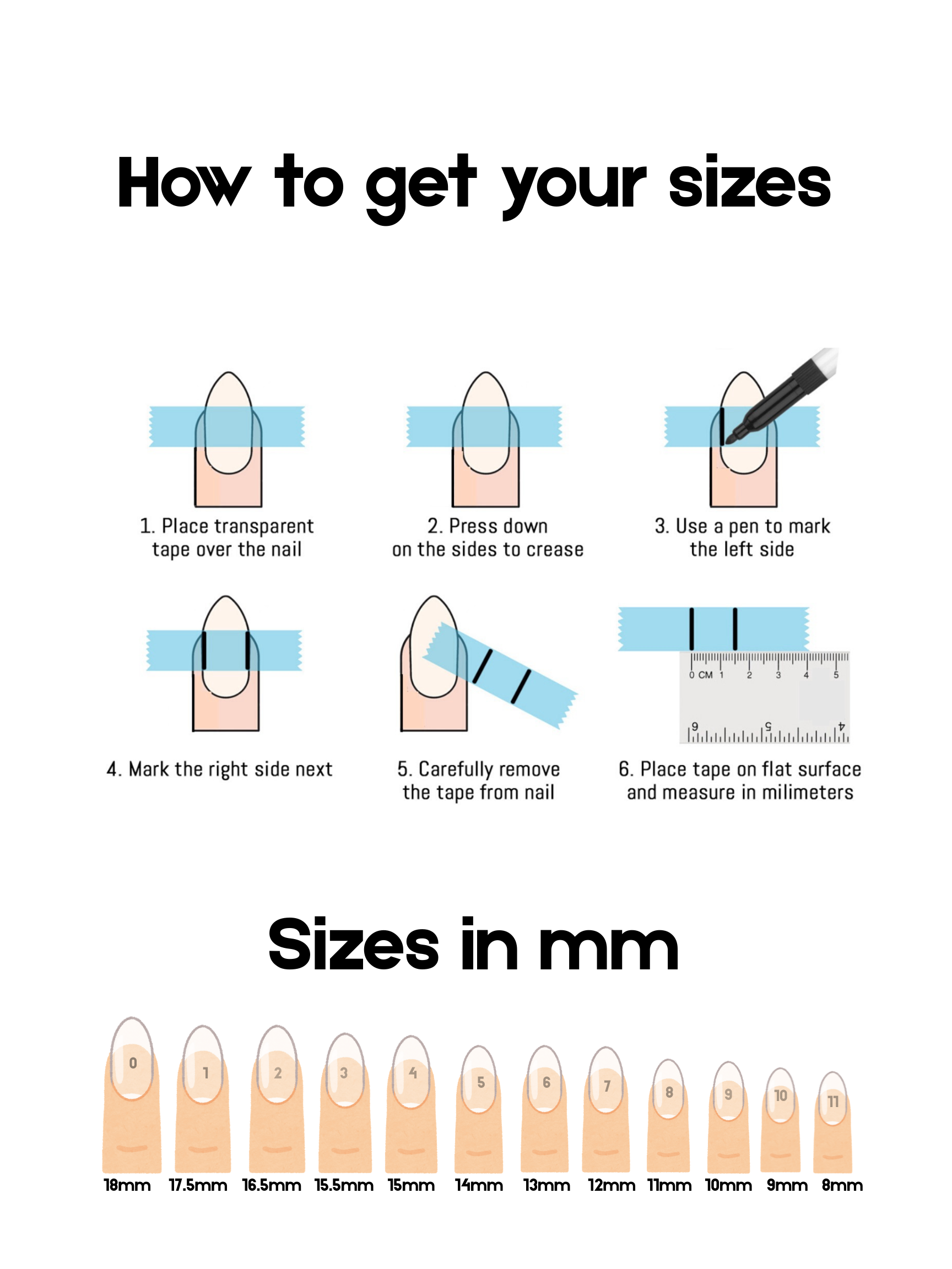 A step-by-step guide on how to measure your nail size for press-on nails, showing nail measurement, tape application, marking, and size chart in millimeters.