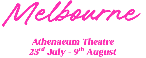 Text logo with the word 'Melbourne' in pink cursive font, and details about an event at Athenaeum Theatre from July 23rd to August 9th.