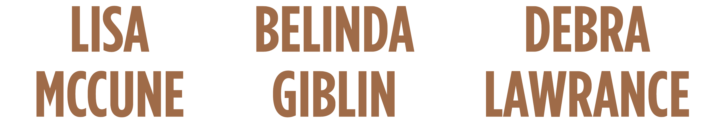 Graphic with the names of six women in large, brown text: Lisa McCune, Belinda Giblin, Debra Lawrence, and others, arranged in three rows with three names each.