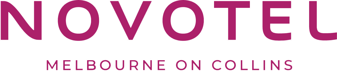 Logo for Novotel Melbourne on Collins hotel featuring purple text with the hotel name and location.
