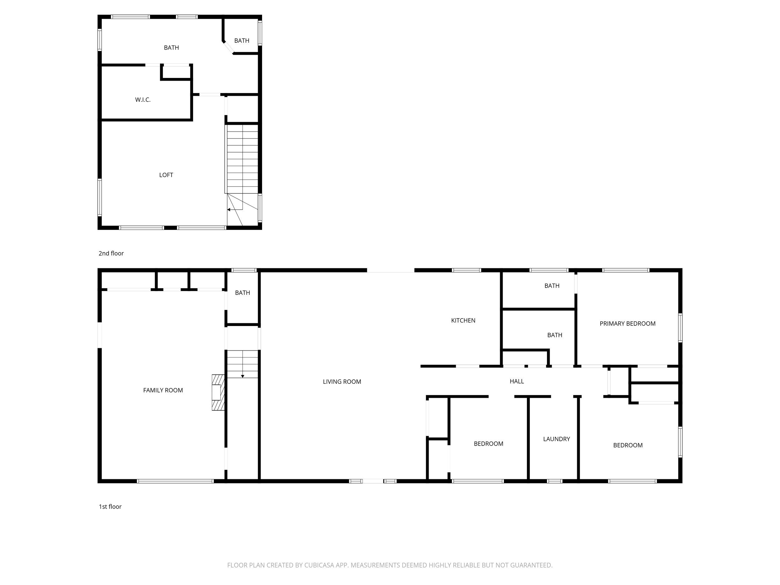 Floor plan of a house showing first and second floors with rooms labeled as family room, living room, primary bedroom, bedrooms, kitchen, bath, laundry, hall, walk-in closet, and stairs.