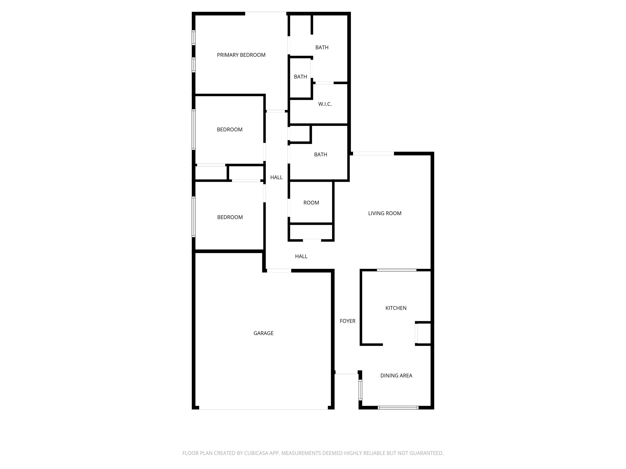Floor plan of a house with labeled rooms including garage, foyer, dining area, living room, two hallways, three bedrooms, four bathrooms, a kitchen, a room, a primary bedroom, and walk-in closet.