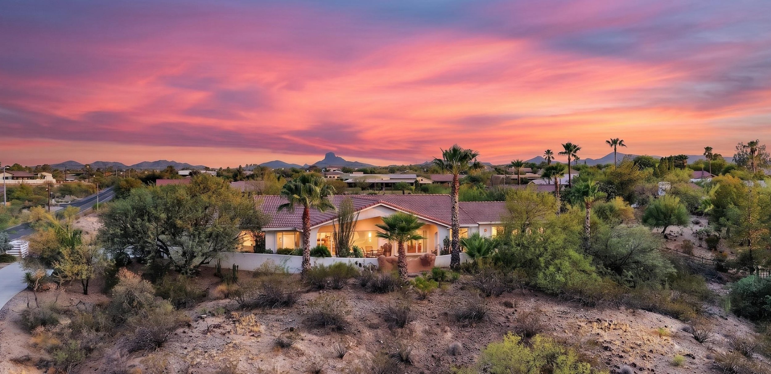 Virtual twilight of a home on a hilltop