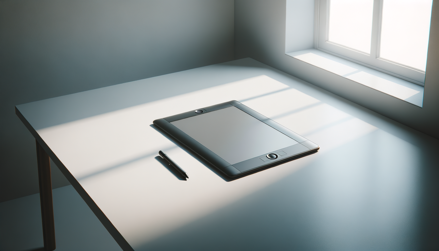A digital drawing tablet, stylus, and a pen on a white desk near a window with sunlight and shadows.