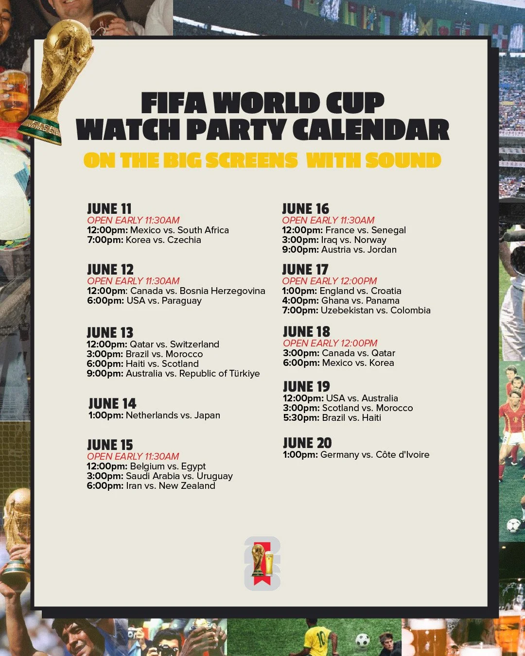 Vancouver! ⁠
FIFA World Cup is around the corner. ⚽️🏆️⁠
Mark your calendars and book your table cause we're ready to GO! ⁠
⁠
Check out all the games we'll be showing on the BIG screens with sound! ⁠It's going to be a party, and spots will fill up fa