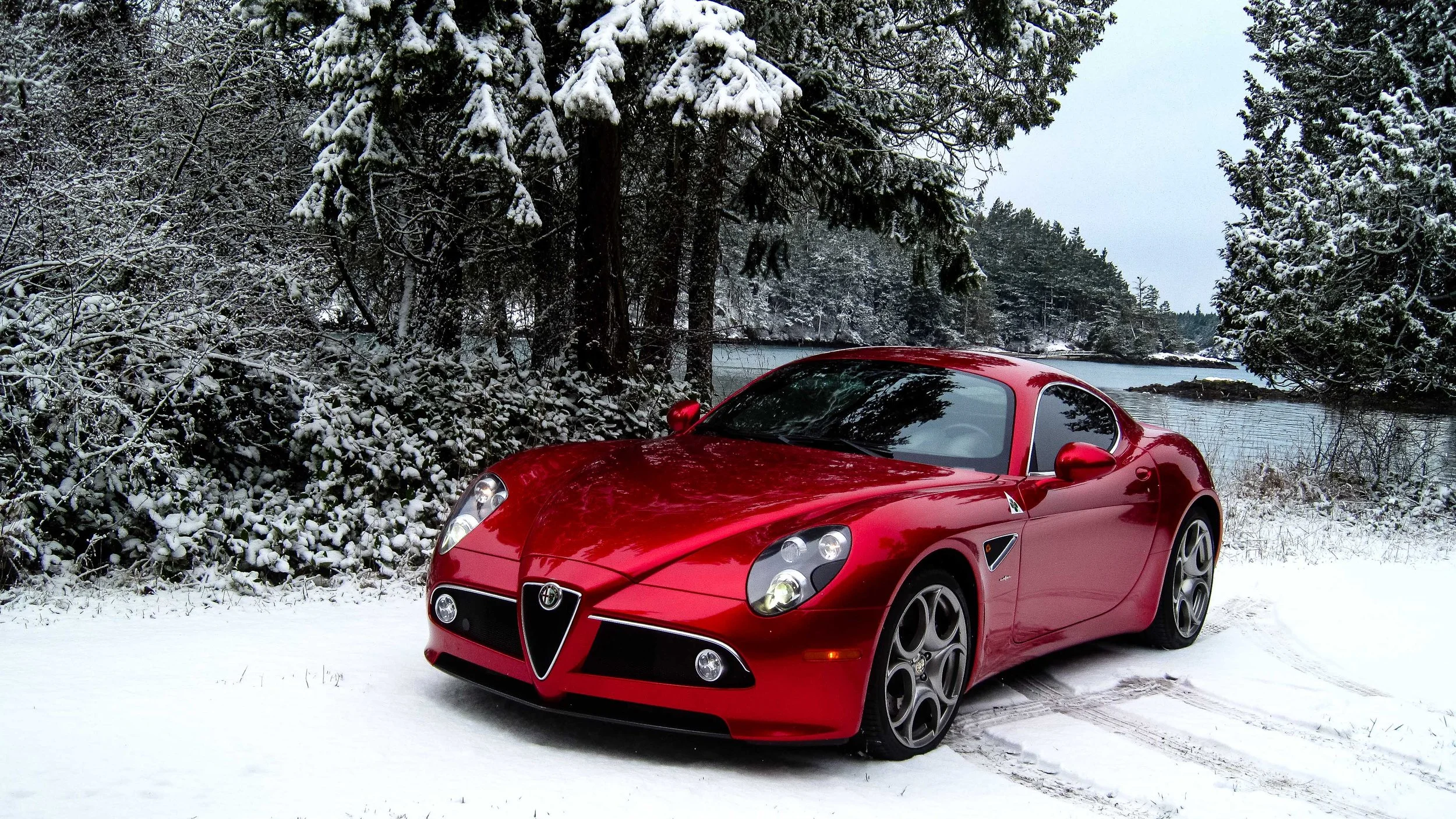 2008 Alfa Romeo 8c in snow on Shaw Island