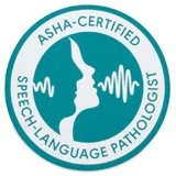 A circular seal with a profile silhouette of a person's head and sound waves, with the text 'ASHA-CERTIFIED SPEECH-LANGUAGE PATHOLOGIST' around the border.
