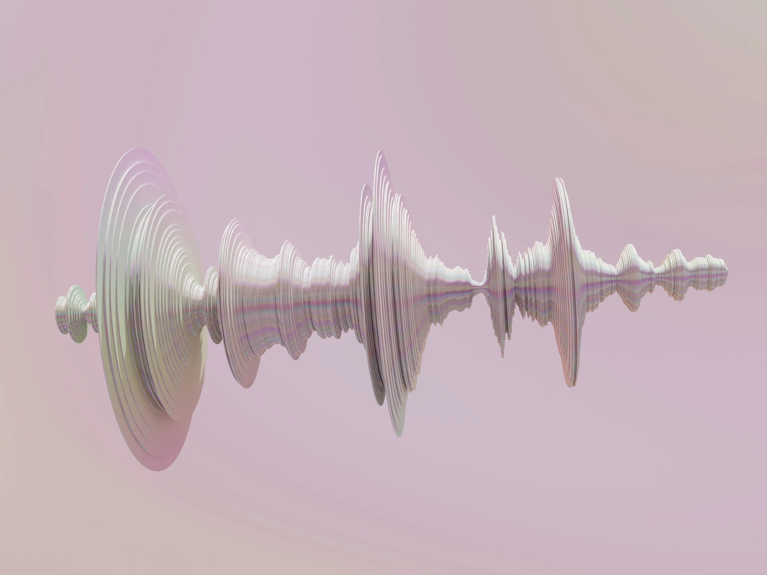 Abstract digital art with layered concentric circles and peaks resembling a sound wave on a light pink background.