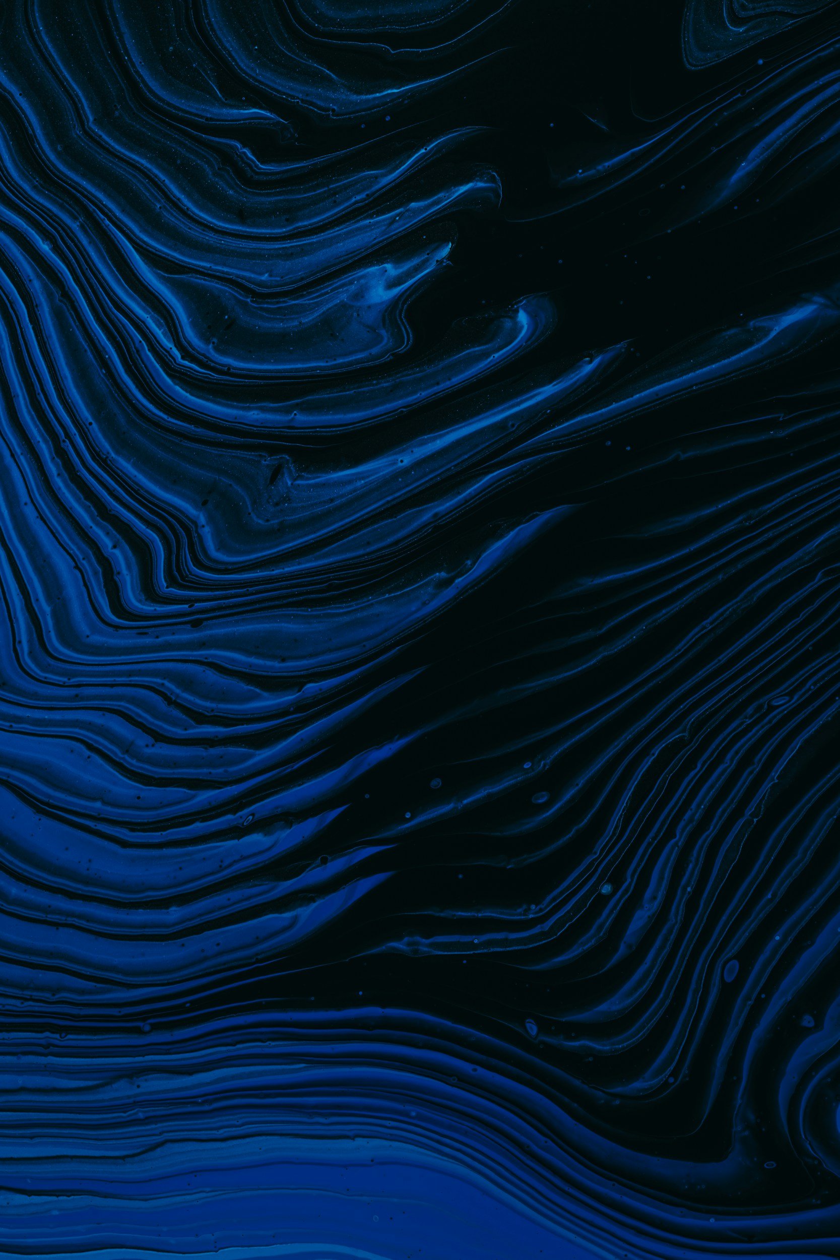 Abstract dark blue swirling lines and patterns on a black background.