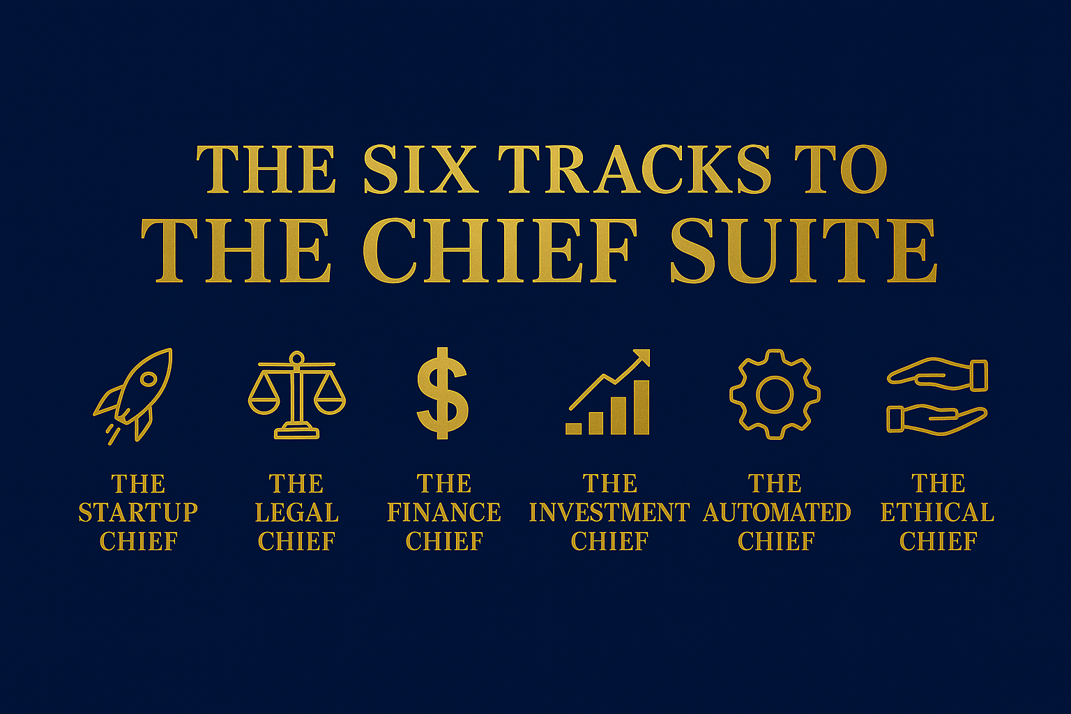 A dark blue background with gold text and icons illustrating six key roles in a chief suite: startup chief (rocket icon), legal chief (scales icon), finance chief (dollar sign icon), investment chief (upward arrow chart icon), automated chief (gear icon), and ethical chief (hands icon).