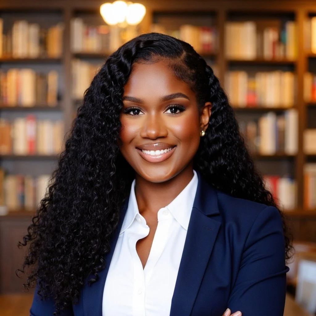 A smiling woman with long, curly black hair, wearing a navy blazer and a white shirt, standing in front of a blurred bookshelf in a library.