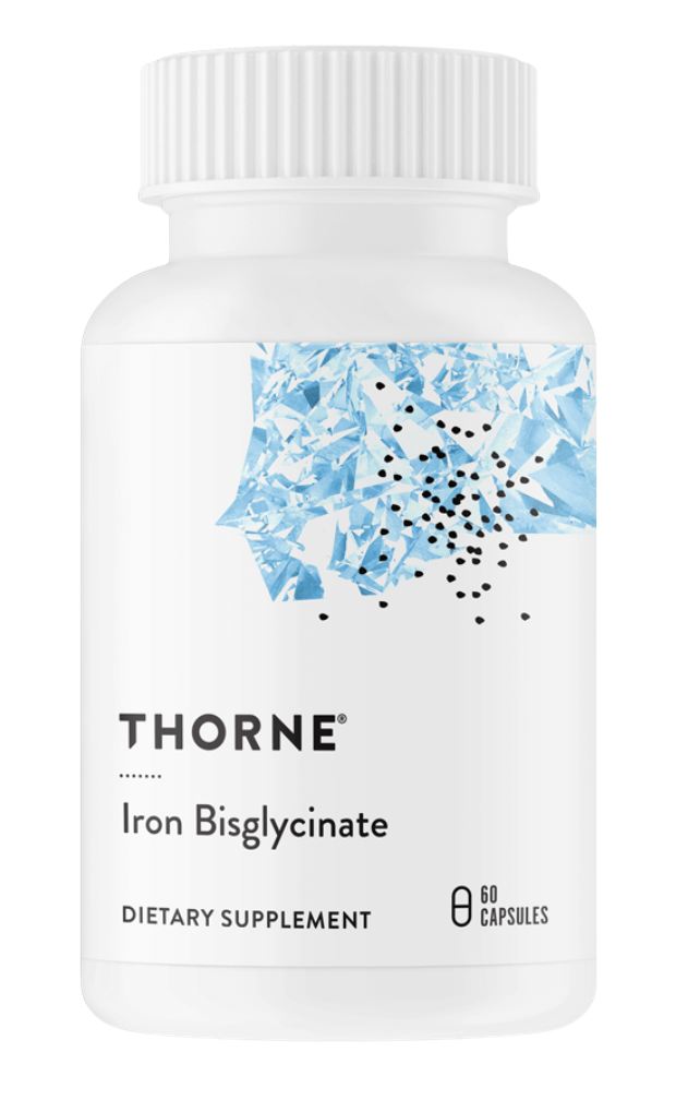 A white bottle of Thorne Iron Bisglycinate dietary supplement with a blue abstract graphic design and black scattered dots on the label.