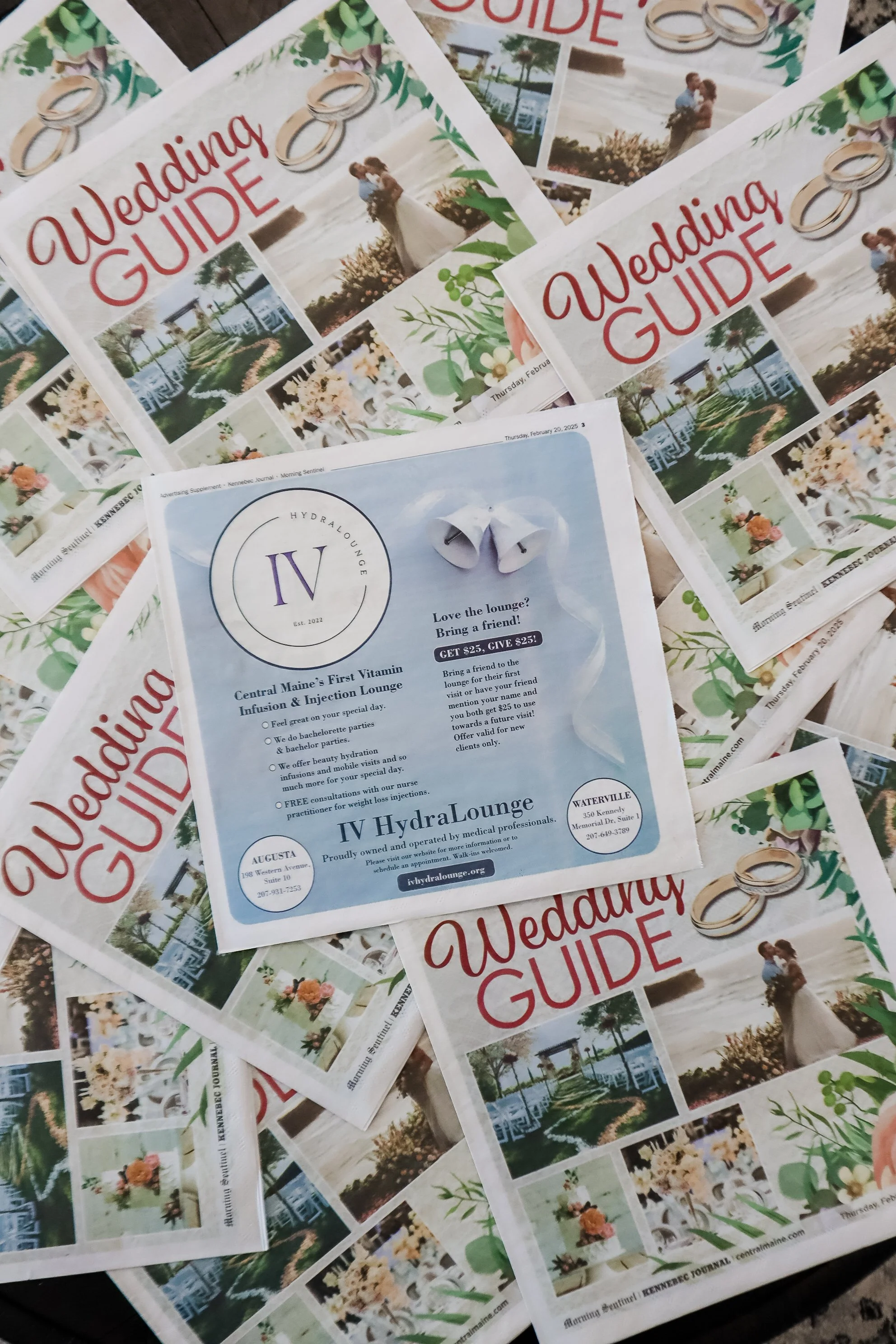 Multiple wedding guide flyers featuring a beach wedding scene with a couple, wedding rings, floral decorations, and venue images, along with an advertisement for IV HydraLounge.