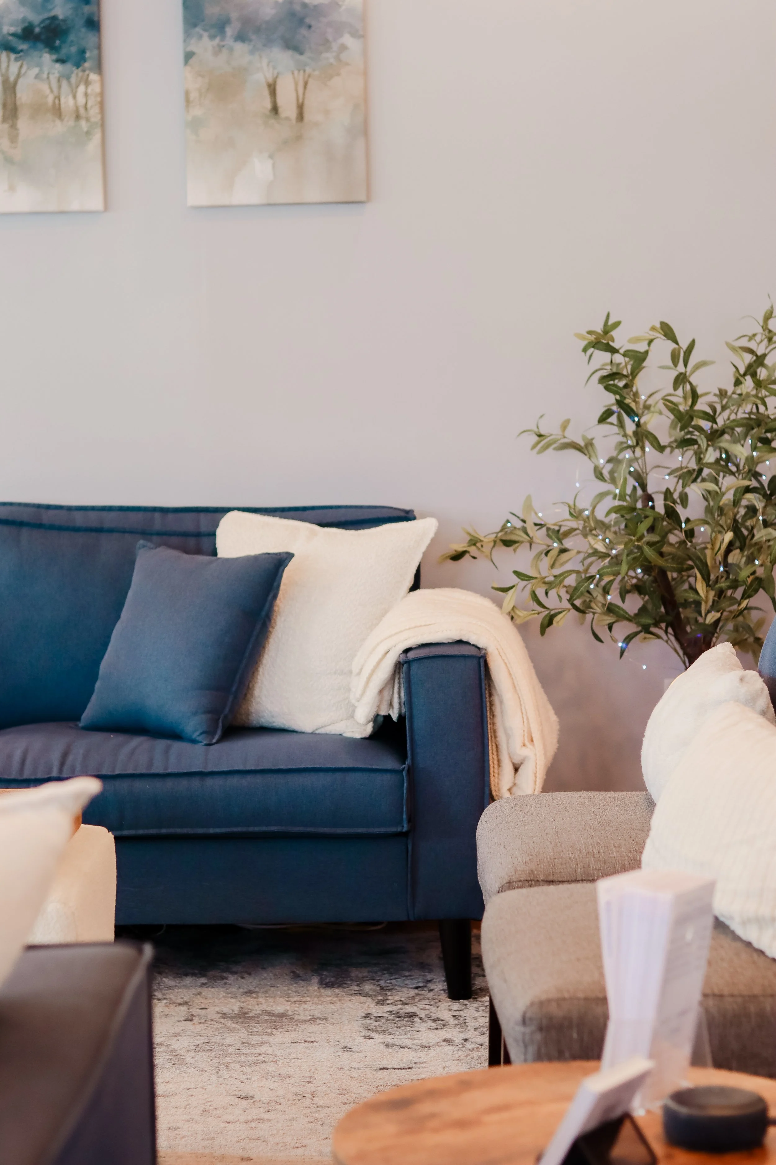 A living room with a navy sofa, beige and white throw pillows, a blanket, a beige sofa, a large potted plant, and wall art.
