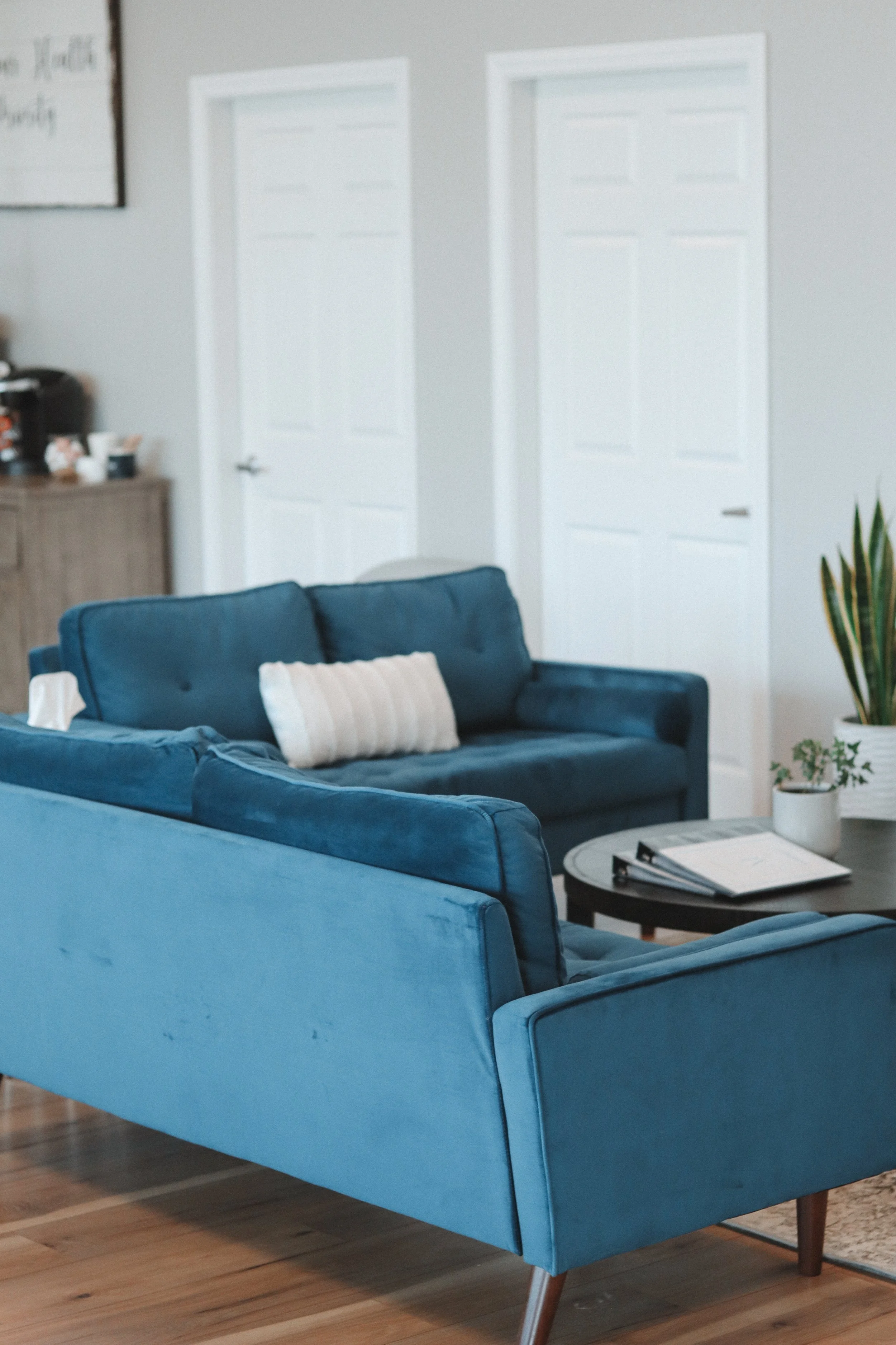 Living room with a blue velvet sofa and an armchair, a black round coffee table with a book and glasses, a white pillow on the sofa, a potted plant, and two closed white doors in the background.