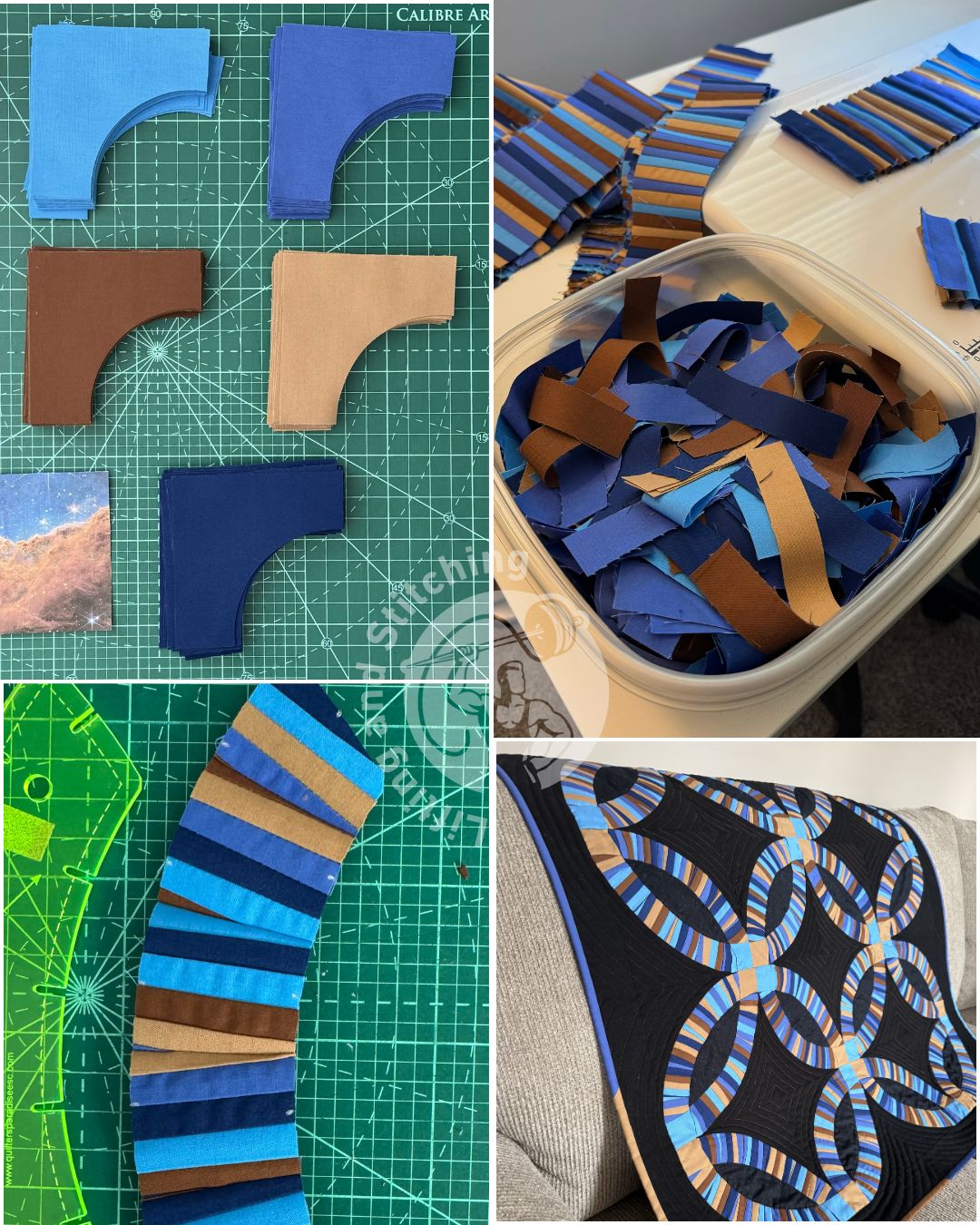 A four‑image collage showing the making of a secondary quilt from scraps: curved fabric pieces on a cutting mat, a container of sorted strips, a partially assembled curved section, and a finished interlocking‑ring block on a black background.