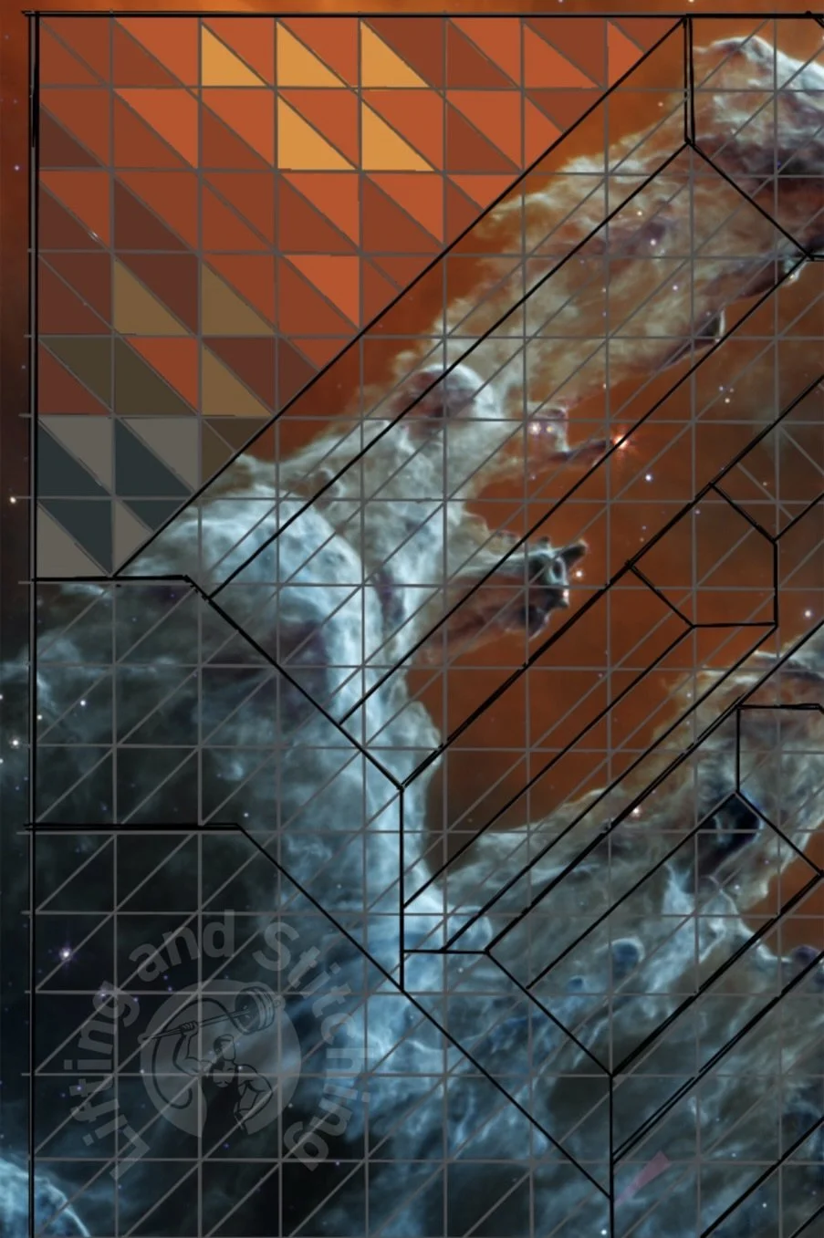 A digital sketch in progress with diagonal triangles and hexagonal pillars against a photograph of a nebula. Colors are filled inside the triangles to reflect the colors in the background.