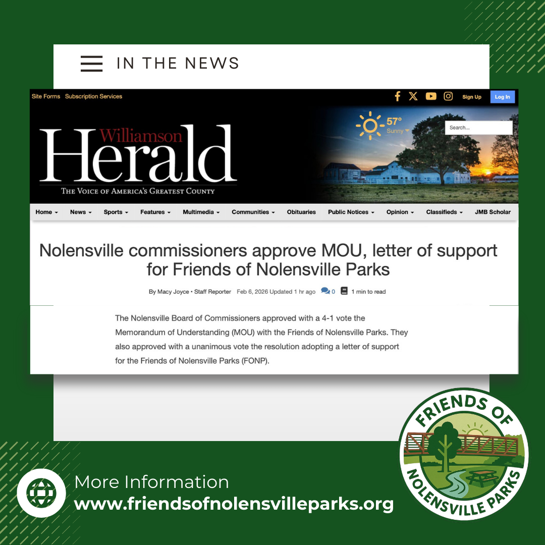 Screenshot of Williamson Herald Article - "Nolensville commissioners approve MOU, letter of support for Friends of Nolensville Parks"