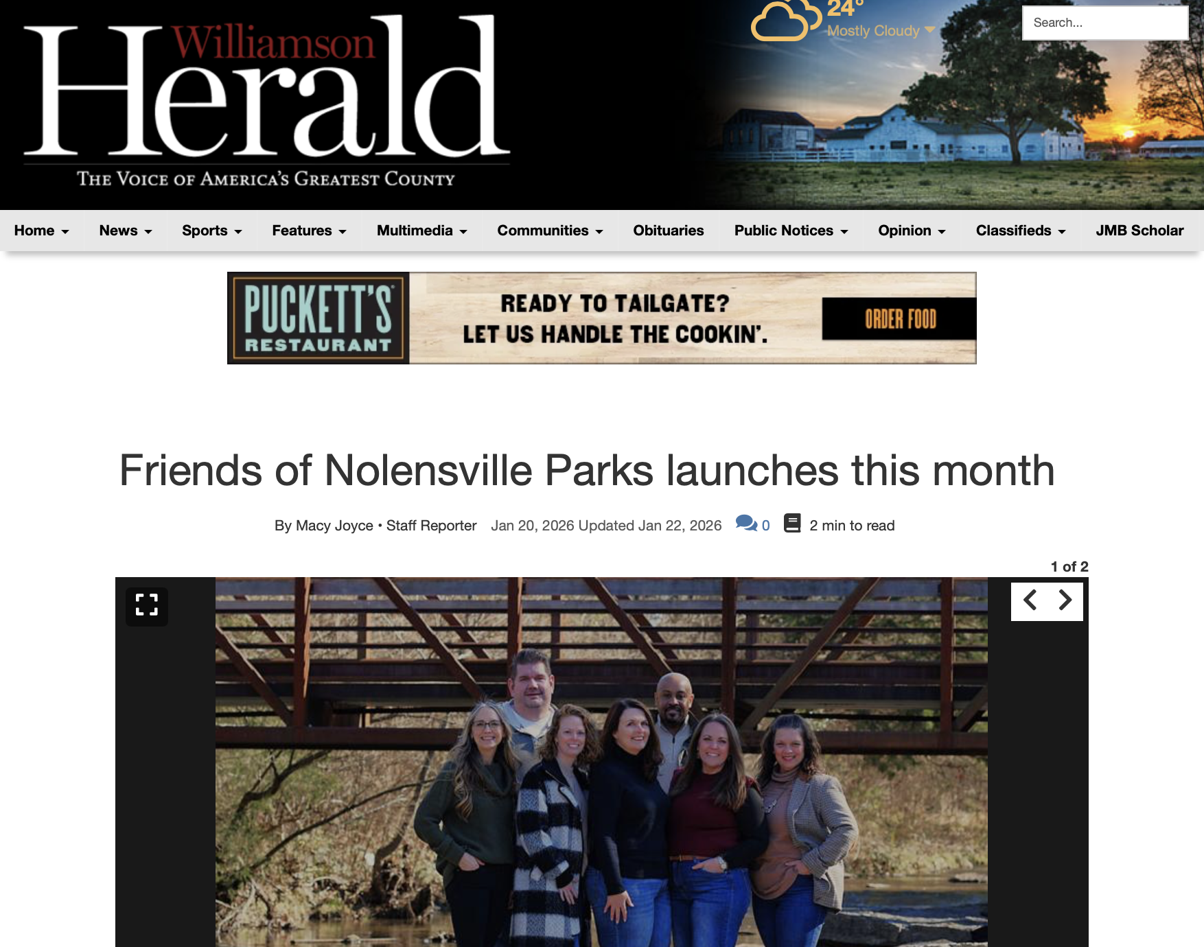 Screenshot of Williamson Herald article highlighting local momentum building for Friends of Nolensville Parks