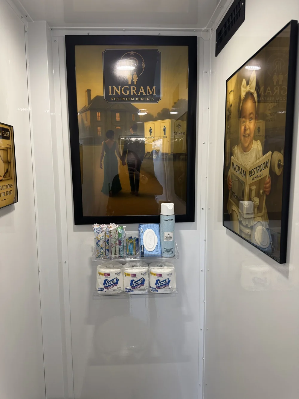 Framed print and stocked amenities on the women's side