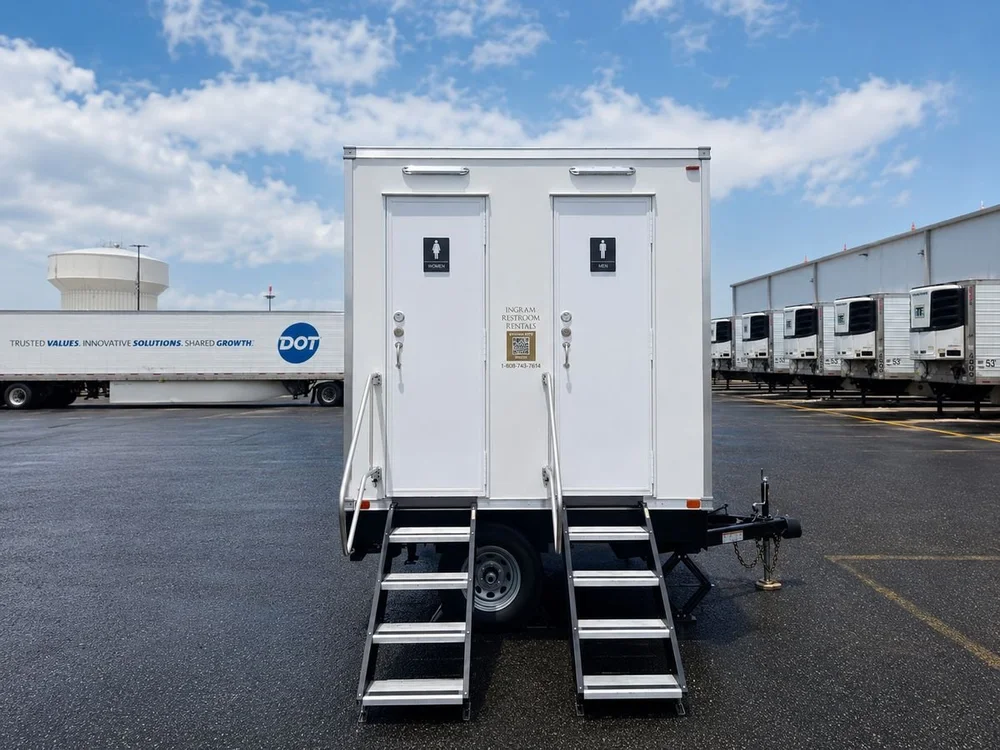 Restroom trailer set up for a corporate event