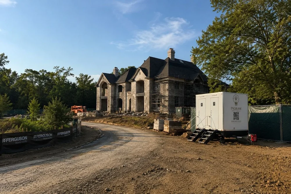 Restroom trailer placed on a New Jersey construction site