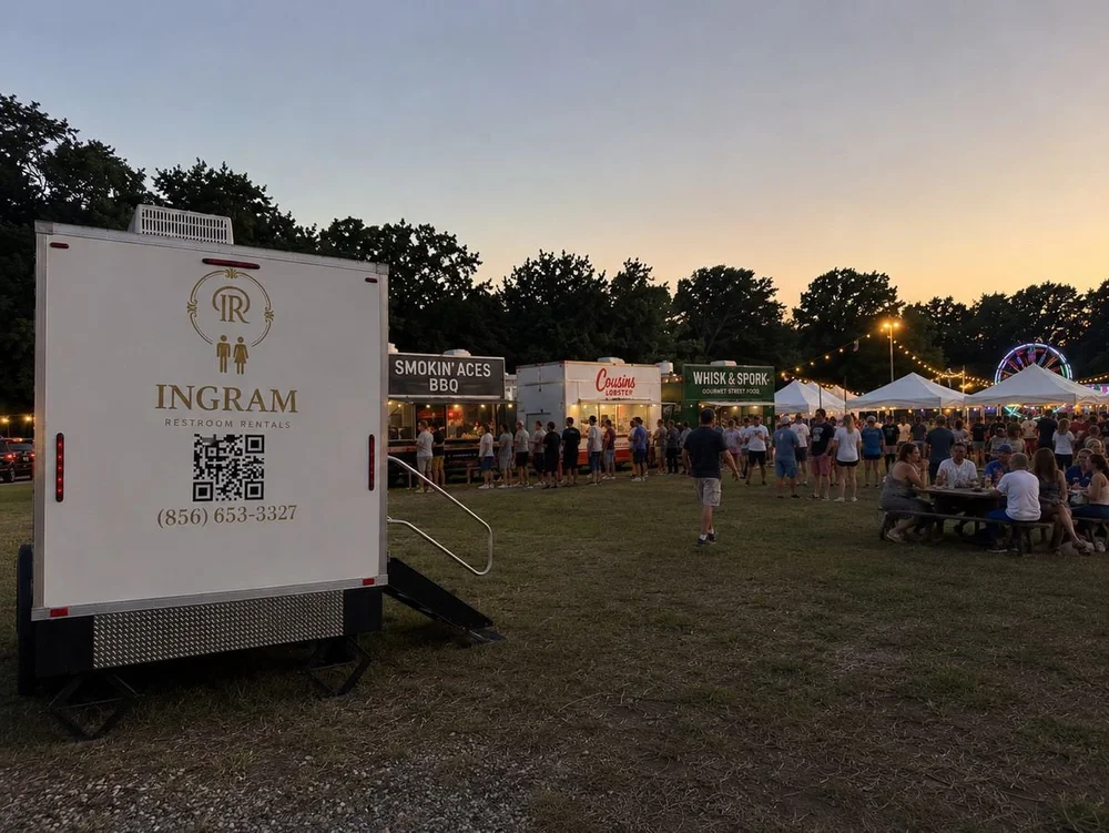 Restroom trailer rental at an outdoor party in New Jersey