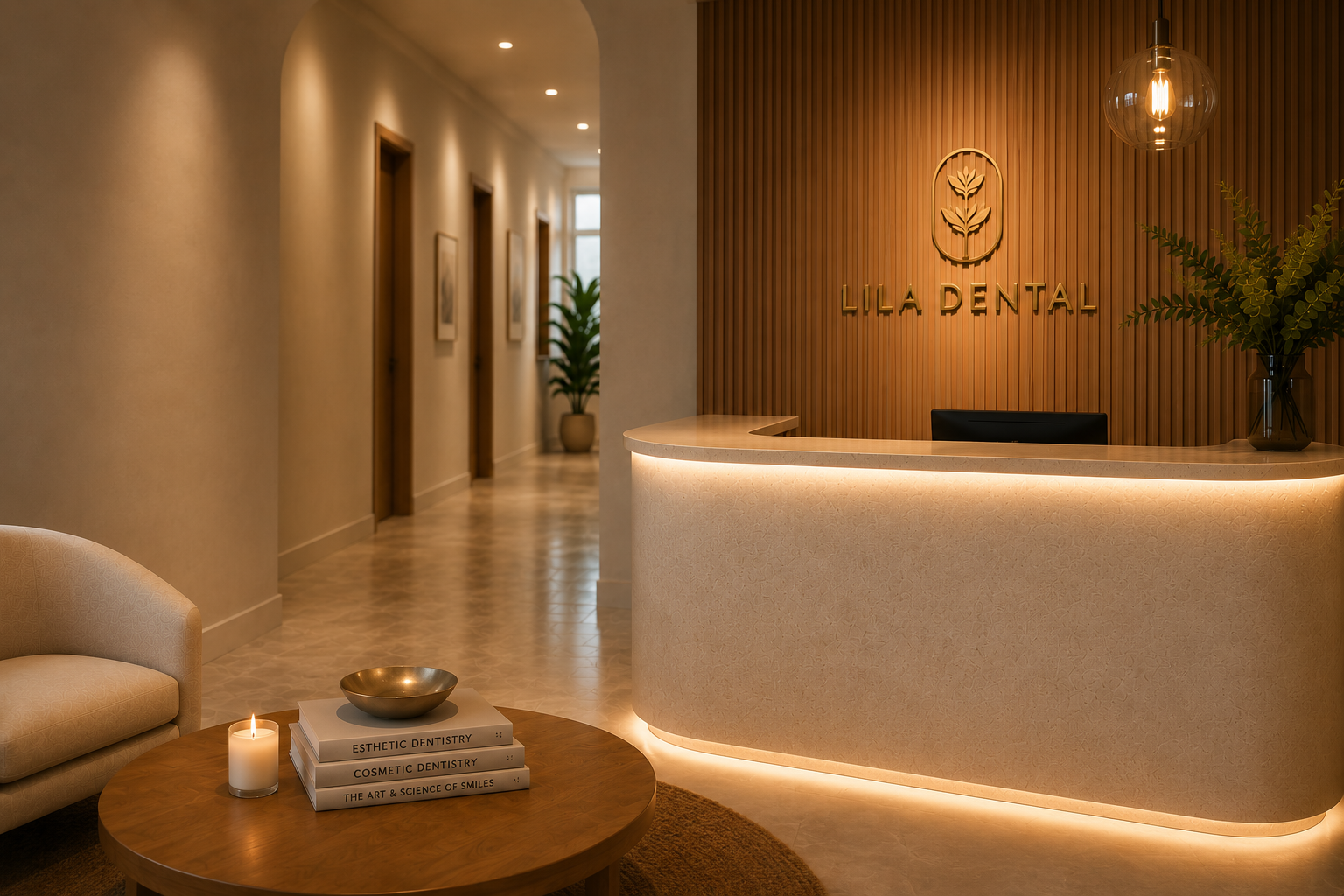 A warm, spa-inspired dental office reception area is shown in warm amber lighting. On the right, a curved, cream colored reception desk sits in front of floor-to-ceiling wall of vertical wood slats. On the wall is a gold logo and words LILA DENTAL.