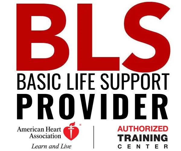 Logo for Basic Life Support Provider training, includes American Heart Association logo and mentions authorized training center.