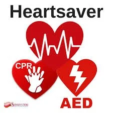 Symbolic image with a large red heart with heartbeat line, two smaller red hearts with CPR and AED symbols, and text 'Heartsaver'.