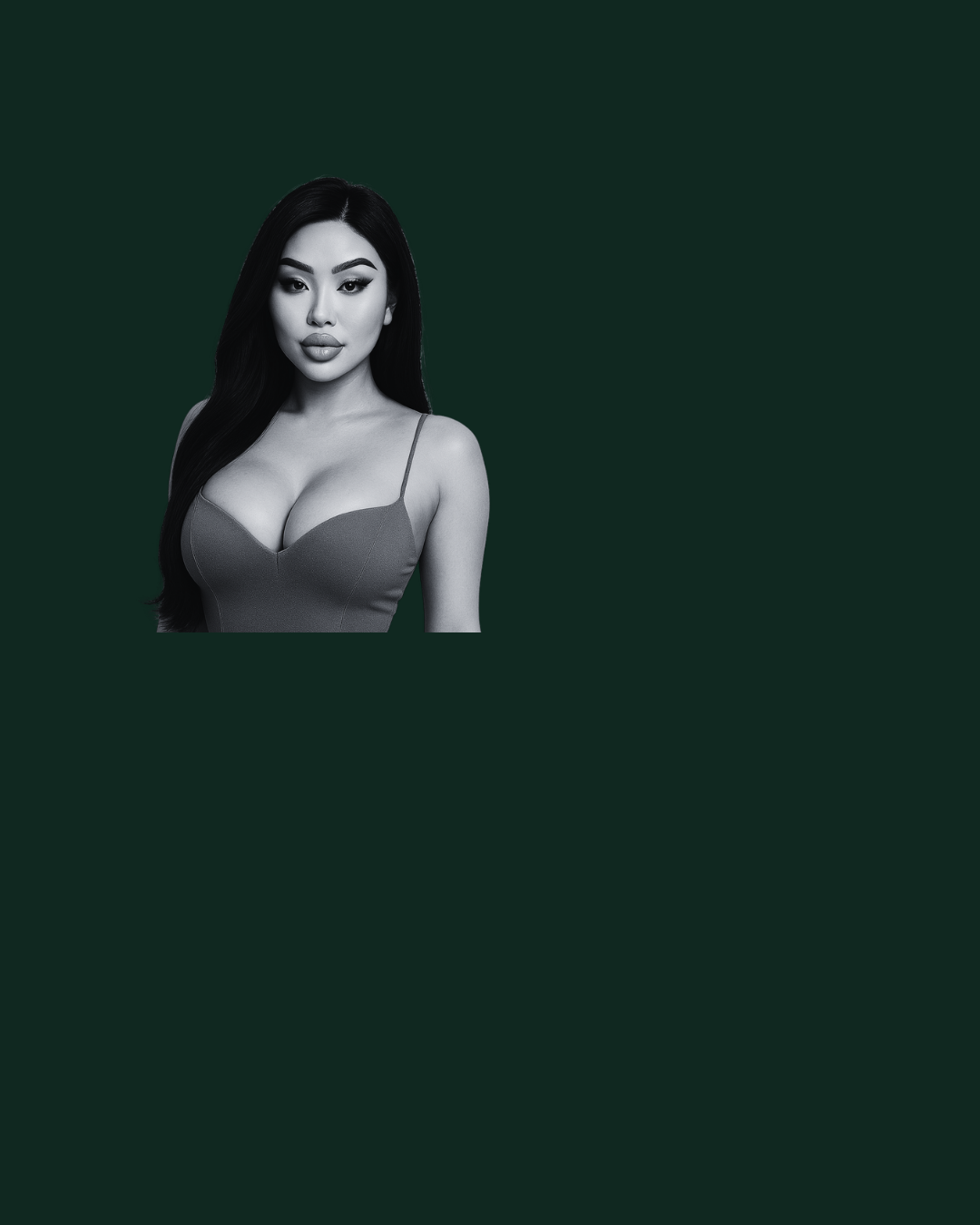 Black and white portrait of a woman with long dark hair, wearing a spaghetti strap top, standing against a dark background.