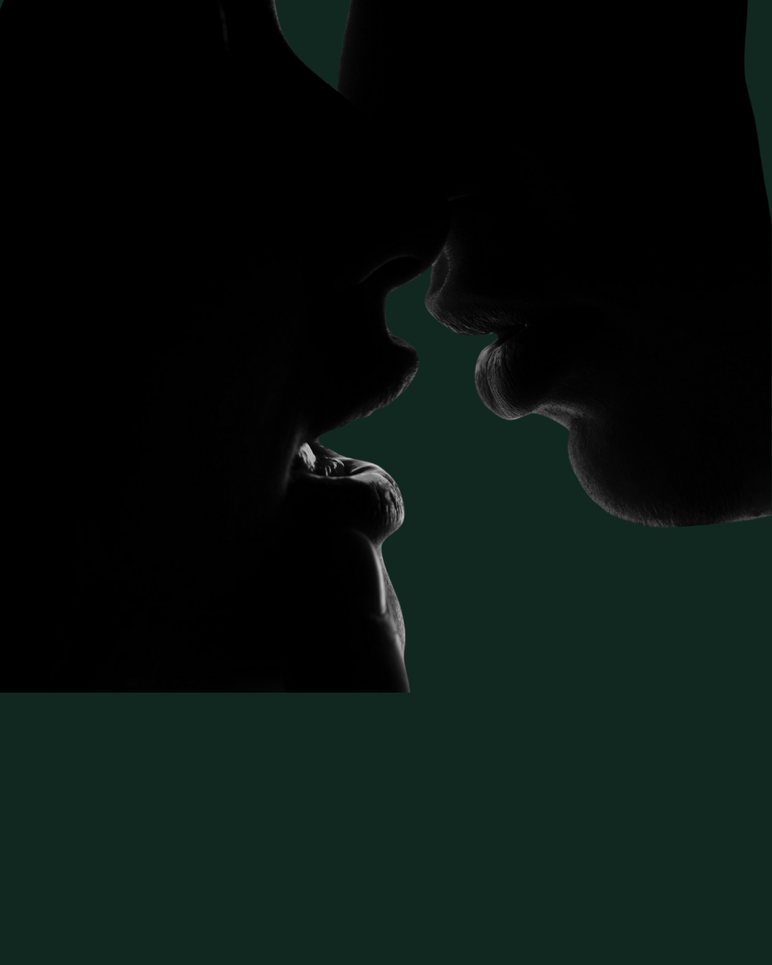 Silhouettes of two people close to each other, about to kiss, with dark background.