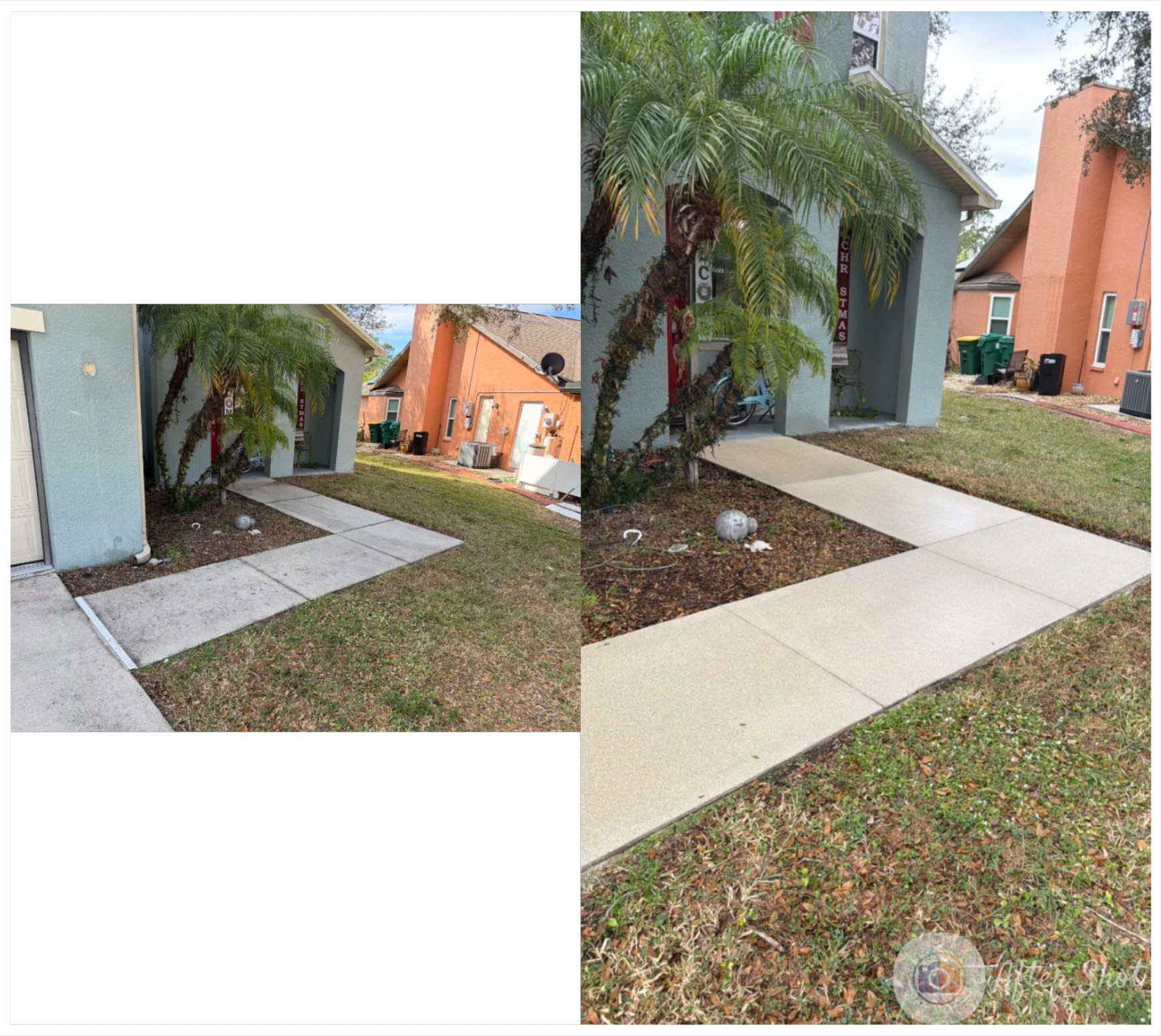 Side-by-side comparison of a house's sidewalk before and after renovation. The left side shows an older, stained concrete pathway with dirt and debris, while the right side features a clean, newly poured concrete sidewalk with a smooth surface.