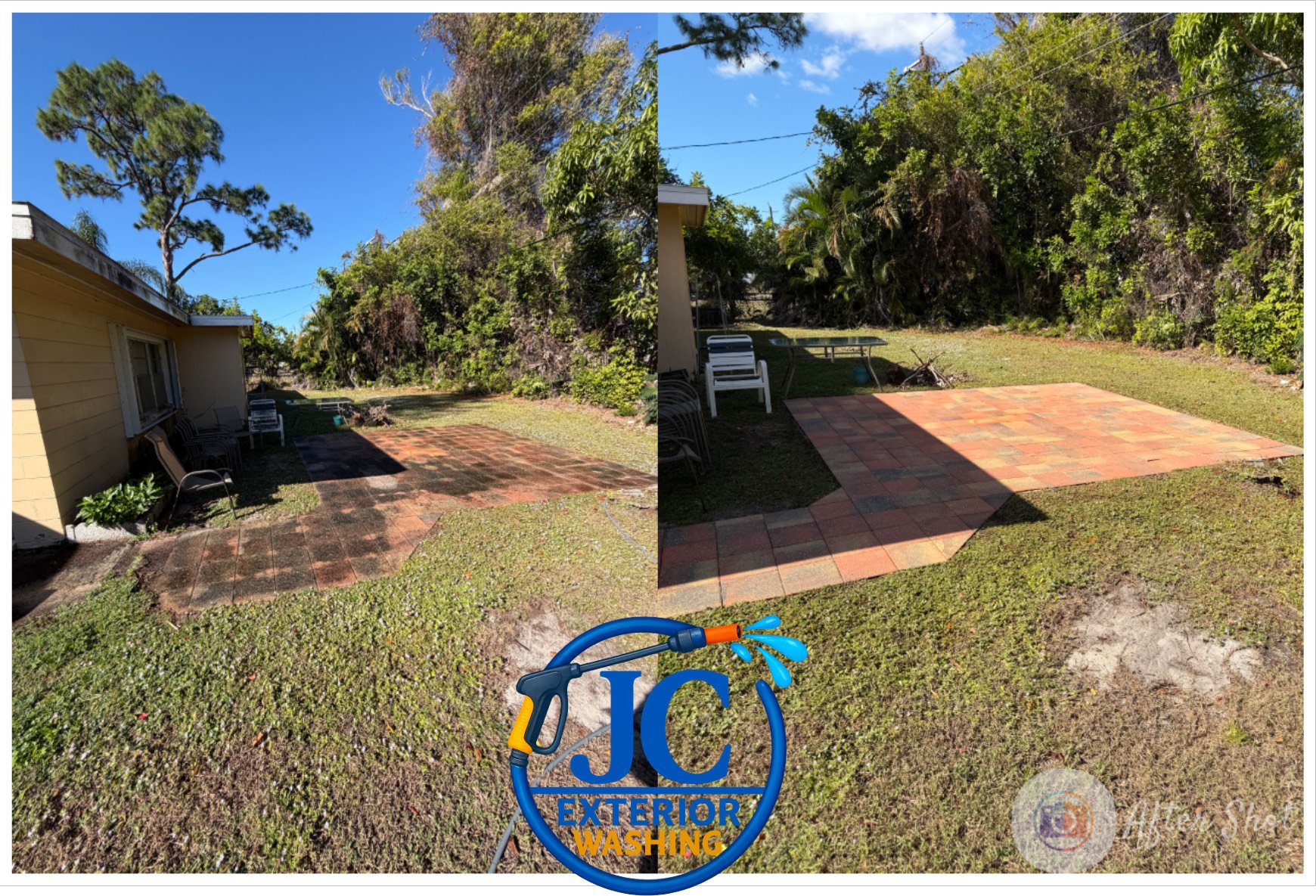 Comparison of a backyard patio before and after pressure washing. The left side shows the patio with dirt and weathering, while the right side shows the clean, renewed surface. The yard has outdoor chairs and greenery, with a logo reading 'JC Exterior Washing' at the bottom.