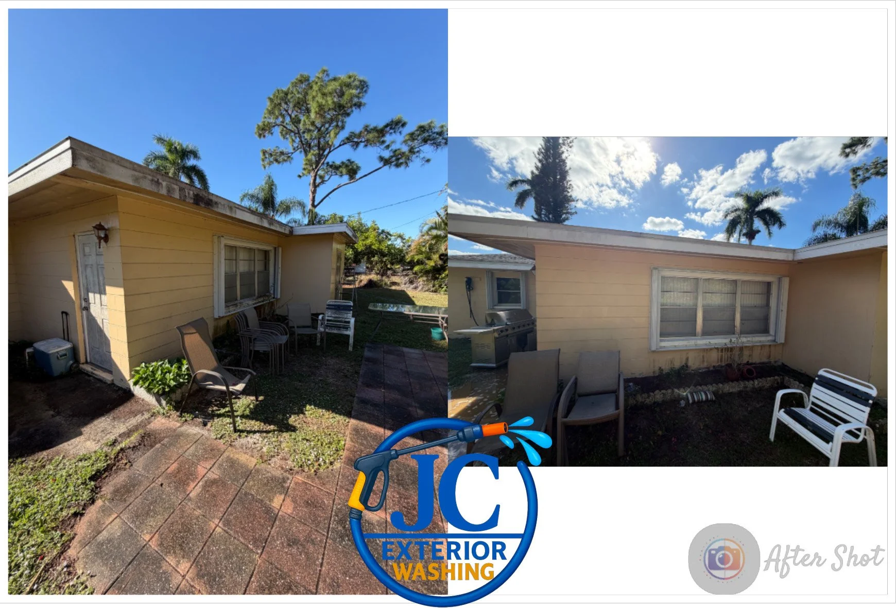 Side-by-side comparison of a backyard before and after power washing. Left side shows a darker, dirt-stained house exterior, with a paved patio, outdoor chairs, and a plant near the wall. Right side shows the same area after cleaning, with a brighter, cleaner house exterior, more visible sky and trees, and maintained garden beds.