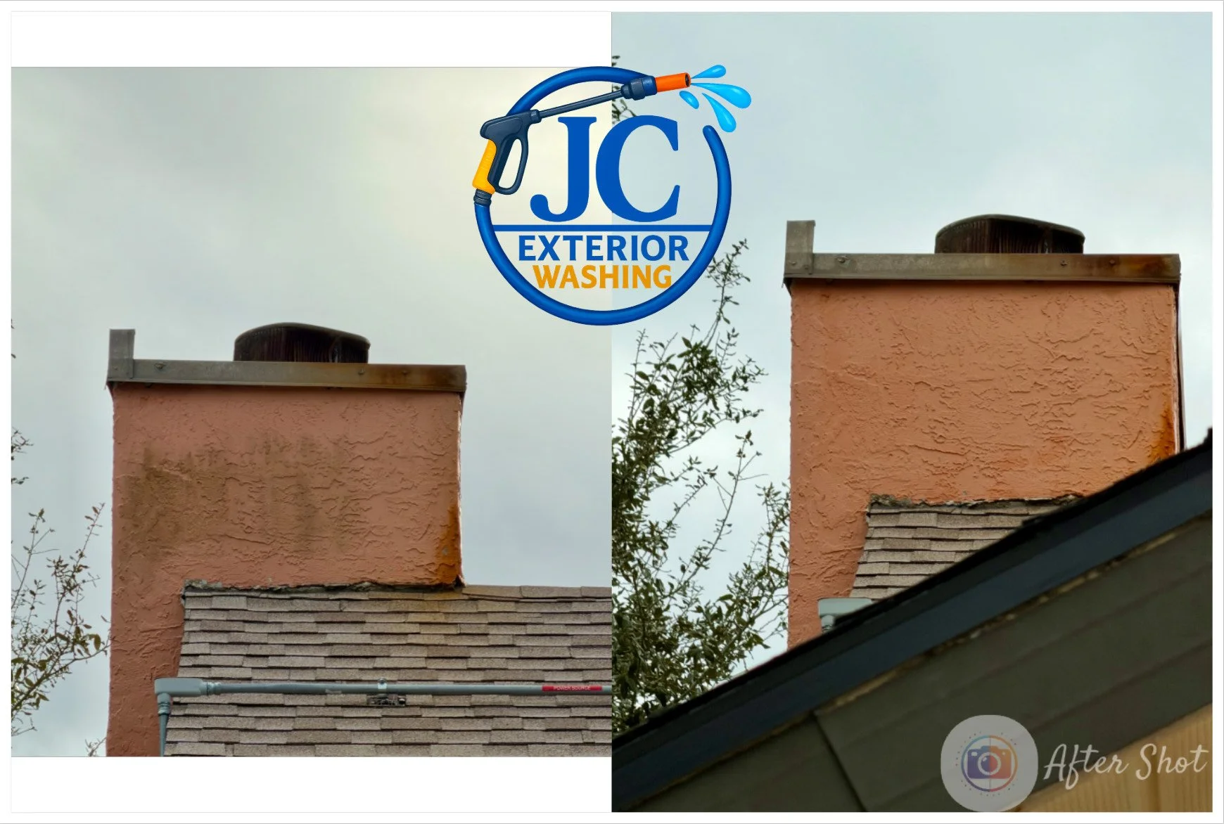 Side-by-side comparison of a chimney before and after cleaning, showing a cleaner, brighter chimney on the right and a dirtier, stained chimney on the left, with a JC Exterior Washing logo at the top.