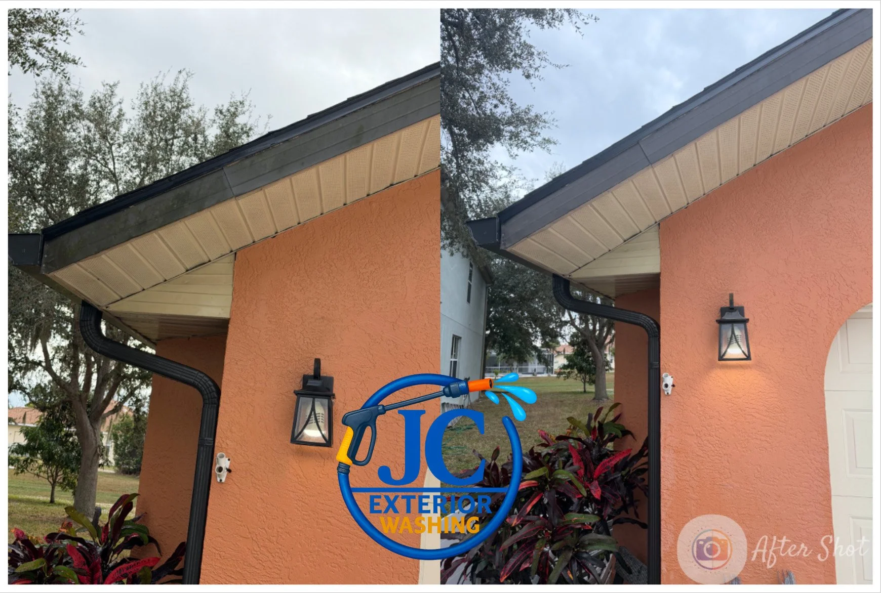 Side-by-side comparison of a house's exterior before and after pressure washing. The left side shows a house with dirt and moss on the soffit and gutter, while the right side is clean and bright. The house has an orange stucco wall, black gutter, and a wall-mounted lantern. A logo for JCI Exterior Washing is displayed across the middle.