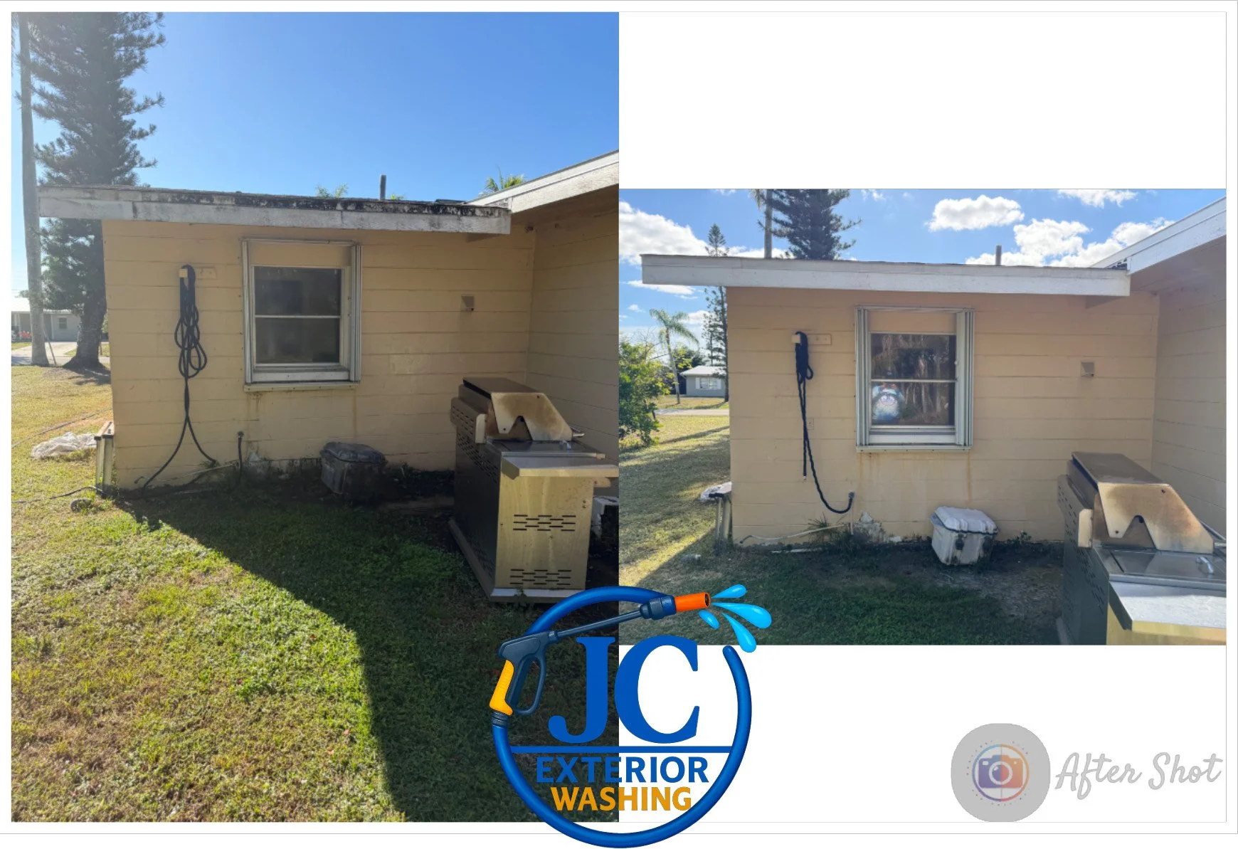 Comparison of a house exterior before and after pressure washing. The left side shows a dirty, stained wall and ground, while the right side shows a clean wall and ground after washing. The logo at the bottom reads 'JC Exterior Washing'.