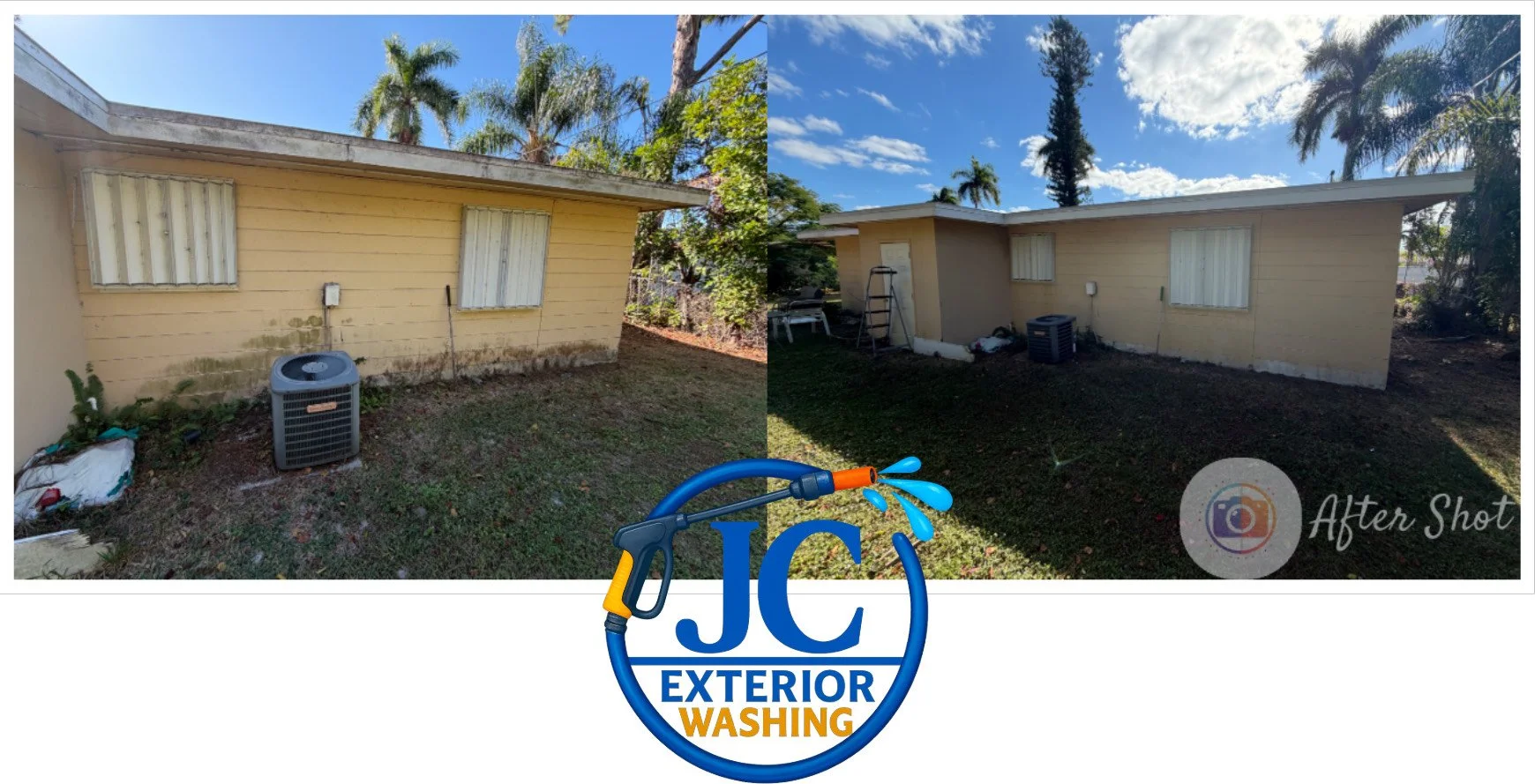 Side-by-side comparison of a yellow house exterior before and after power washing. The left side shows dirt and mold on the wall, while the right side shows a clean surface. The JC Exterior Washing logo is in the foreground.